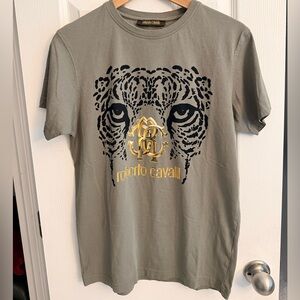Roberto Cavalli Olive T-Shirt with Gold and Black Design